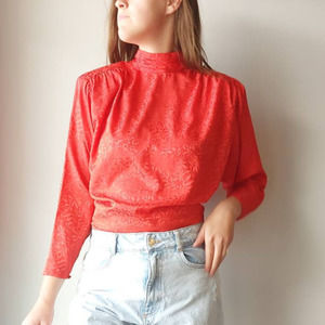 Vintage 80s Red Jacquard Mock Neck Designer Blouse, Oleg Cassini Top